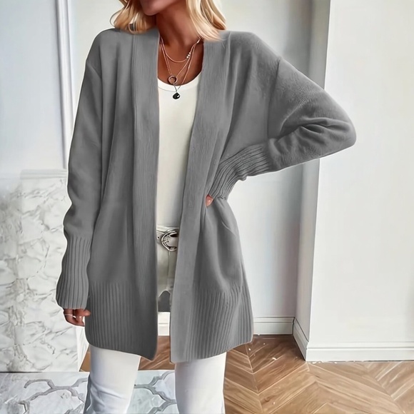 Knit Cardigan Long Sleeve Pockets Open Front Grey - Picture 1 of 3